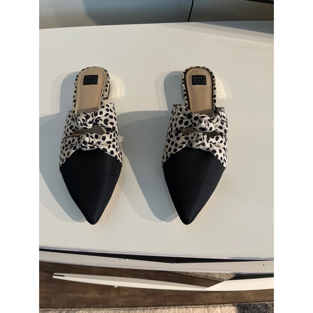 White House Black Market Keke Knotted Flat Mules Polka Dot Pointed Toe Black 10M